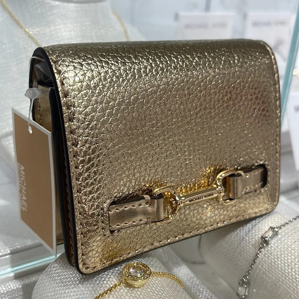 MICHAEL KORS Carson Small Metallic Pebbled Leather Wallet Pale Gold  NWT
